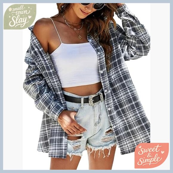 Tops - Oversized Flannel Button Down Shirt Long Sleeve Loose Fit Plaid Blouse